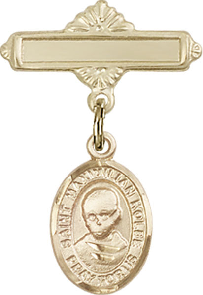 14kt Gold Filled Baby Badge with St. Maximilian Kolbe Charm and Polished Badge Pin
