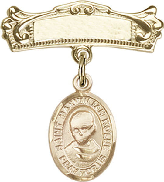 14kt Gold Filled Baby Badge with St. Maximilian Kolbe Charm and Arched Polished Badge Pin