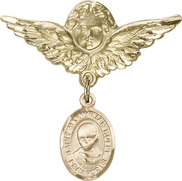 14kt Gold Filled Baby Badge with St. Maximilian Kolbe Charm and Angel w/Wings Badge Pin