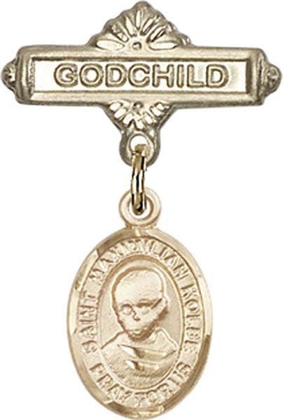 14kt Gold Filled Baby Badge with St. Maximilian Kolbe Charm and Godchild Badge Pin
