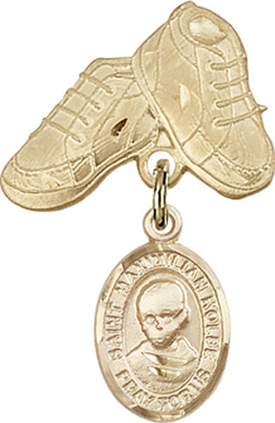14kt Gold Baby Badge with St. Maximilian Kolbe Charm and Baby Boots Pin