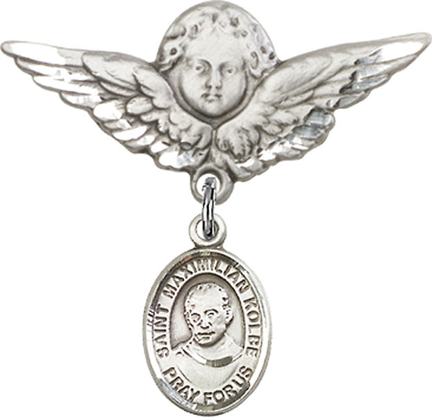 Sterling Silver Baby Badge with St. Maximilian Kolbe Charm and Angel w/Wings Badge Pin