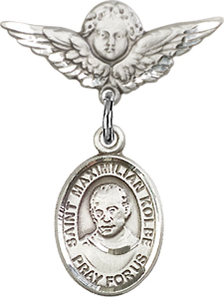 Sterling Silver Baby Badge with St. Maximilian Kolbe Charm and Angel w/Wings Badge Pin
