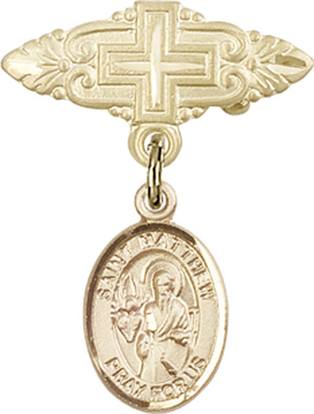 14kt Gold Filled Baby Badge with St. Matthew the Apostle Charm and Badge Pin with Cross
