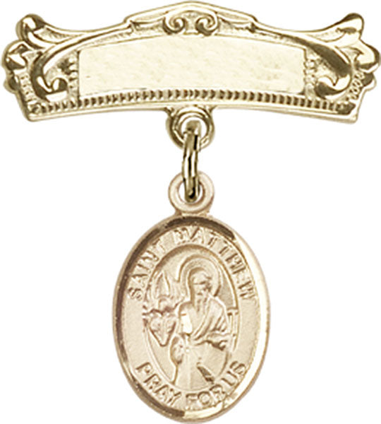 14kt Gold Filled Baby Badge with St. Matthew the Apostle Charm and Arched Polished Badge Pin