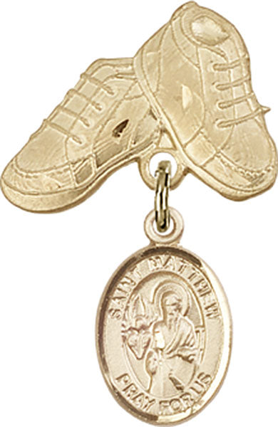 14kt Gold Filled Baby Badge with St. Matthew the Apostle Charm and Baby Boots Pin