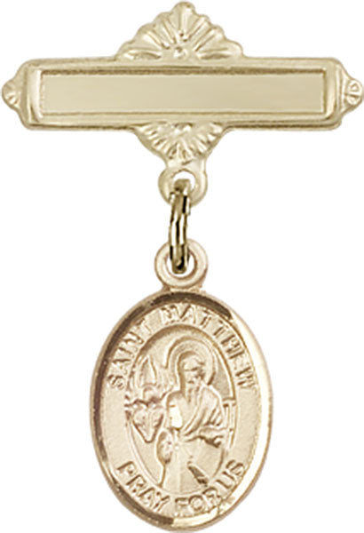 14kt Gold Baby Badge with St. Matthew the Apostle Charm and Polished Badge Pin