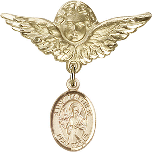 14kt Gold Baby Badge with St. Matthew the Apostle Charm and Angel w/Wings Badge Pin