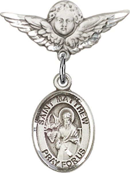 Sterling Silver Baby Badge with St. Matthew the Apostle Charm and Angel w/Wings Badge Pin