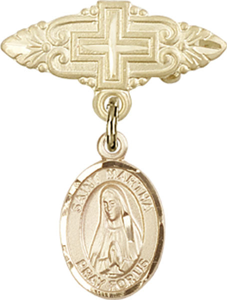 14kt Gold Filled Baby Badge with St. Martha Charm and Badge Pin with Cross