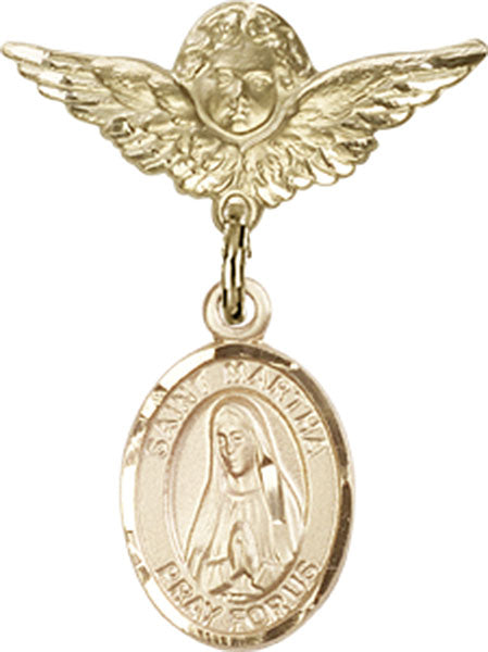 14kt Gold Filled Baby Badge with St. Martha Charm and Angel w/Wings Badge Pin