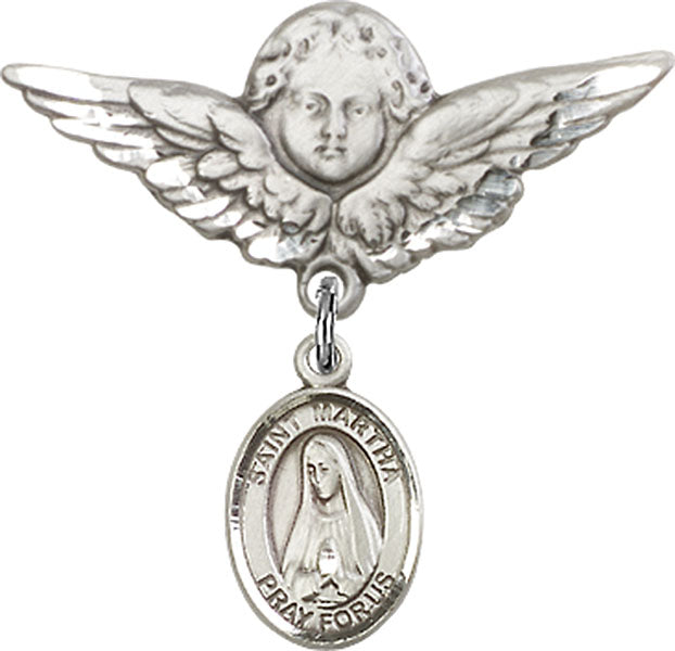 Sterling Silver Baby Badge with St. Martha Charm and Angel w/Wings Badge Pin