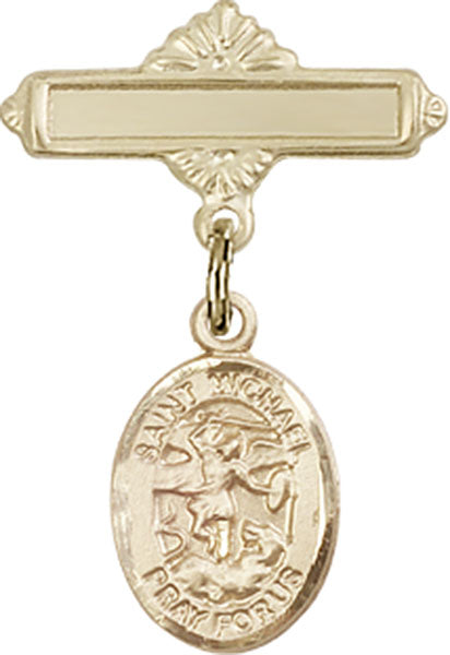 14kt Gold Filled Baby Badge with St. Michael the Archangel Charm and Polished Badge Pin
