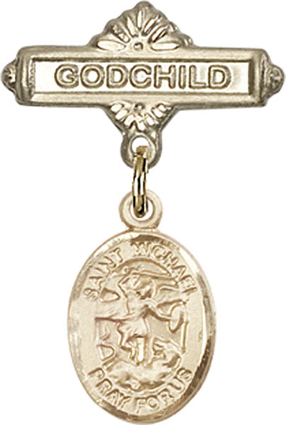 14kt Gold Filled Baby Badge with St. Michael the Archangel Charm and Godchild Badge Pin