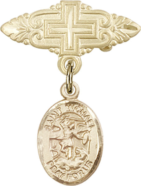 14kt Gold Baby Badge with St. Michael the Archangel Charm and Badge Pin with Cross