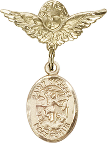 14kt Gold Baby Badge with St. Michael the Archangel Charm and Angel w/Wings Badge Pin
