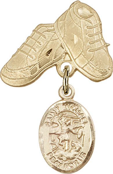 14kt Gold Baby Badge with St. Michael the Archangel Charm and Baby Boots Pin