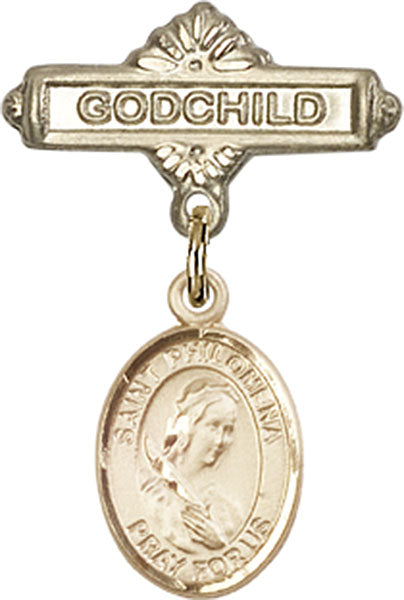 14kt Gold Filled Baby Badge with St. Philomena Charm and Godchild Badge Pin