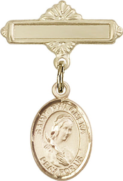 14kt Gold Baby Badge with St. Philomena Charm and Polished Badge Pin