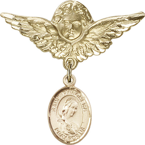 14kt Gold Baby Badge with St. Philomena Charm and Angel w/Wings Badge Pin