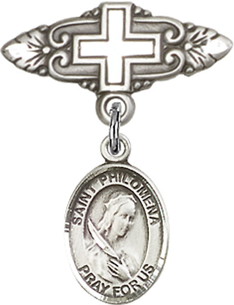 Sterling Silver Baby Badge with St. Philomena Charm and Badge Pin with Cross