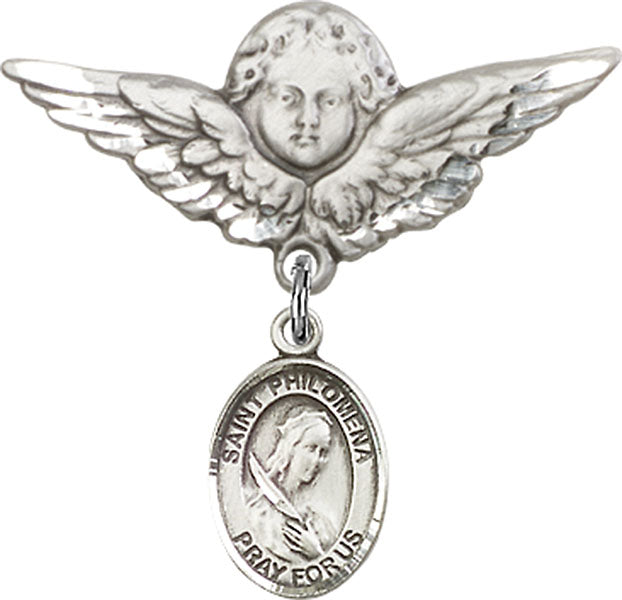 Sterling Silver Baby Badge with St. Philomena Charm and Angel w/Wings Badge Pin