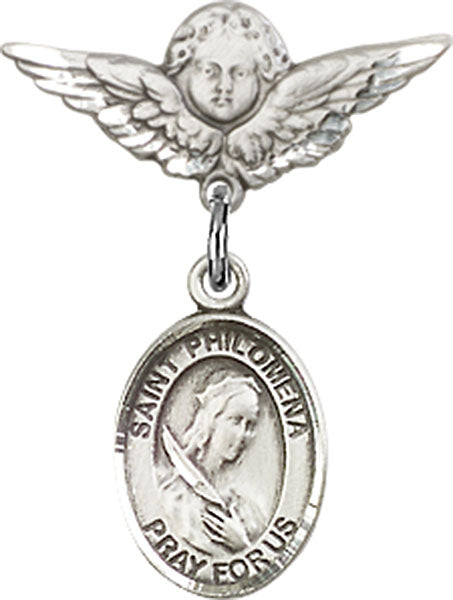Sterling Silver Baby Badge with St. Philomena Charm and Angel w/Wings Badge Pin