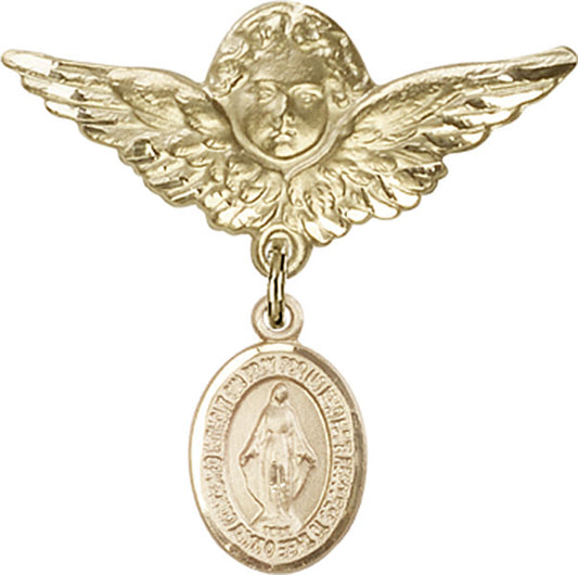 14kt Gold Baby Badge with Miraculous Charm and Angel w/Wings Badge Pin