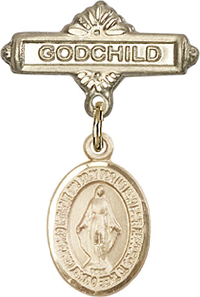 14kt Gold Baby Badge with Miraculous Charm and Godchild Badge Pin