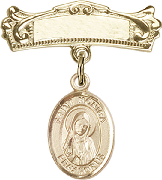 14kt Gold Filled Baby Badge with St. Monica Charm and Arched Polished Badge Pin