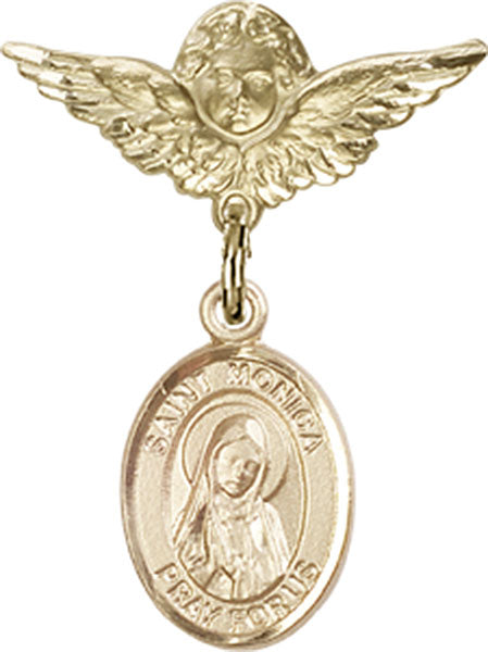 14kt Gold Baby Badge with St. Monica Charm and Angel w/Wings Badge Pin