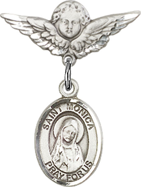Sterling Silver Baby Badge with St. Monica Charm and Angel w/Wings Badge Pin
