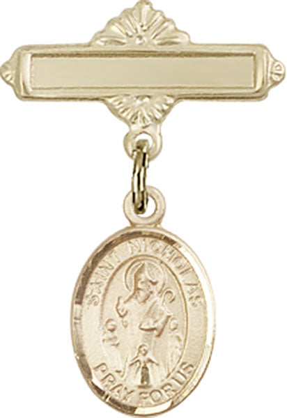 14kt Gold Filled Baby Badge with St. Nicholas Charm and Polished Badge Pin