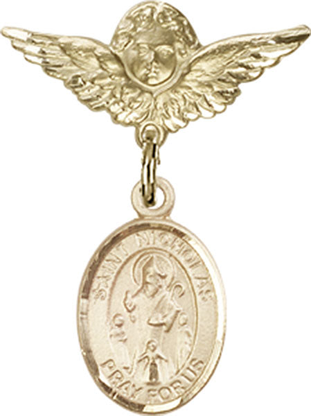 14kt Gold Filled Baby Badge with St. Nicholas Charm and Angel w/Wings Badge Pin