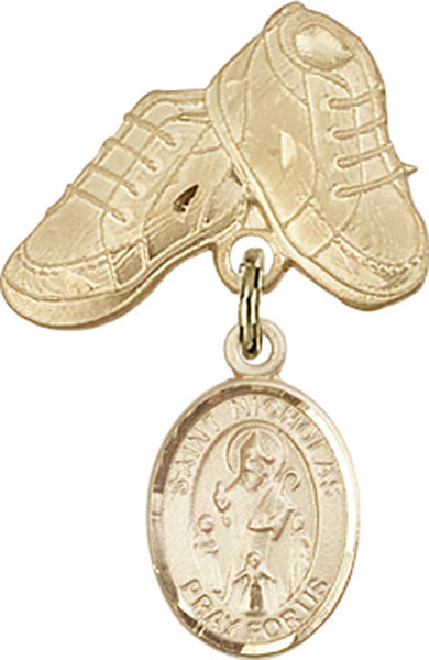 14kt Gold Filled Baby Badge with St. Nicholas Charm and Baby Boots Pin