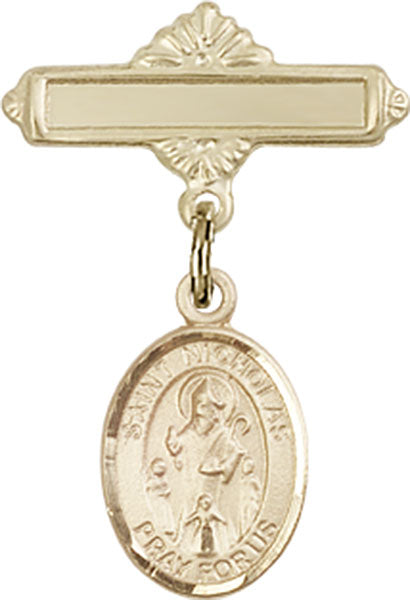 14kt Gold Baby Badge with St. Nicholas Charm and Polished Badge Pin