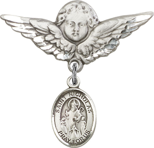 Sterling Silver Baby Badge with St. Nicholas Charm and Angel w/Wings Badge Pin