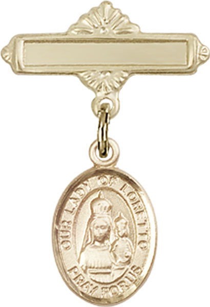 14kt Gold Baby Badge with O/L of Loretto Charm and Polished Badge Pin