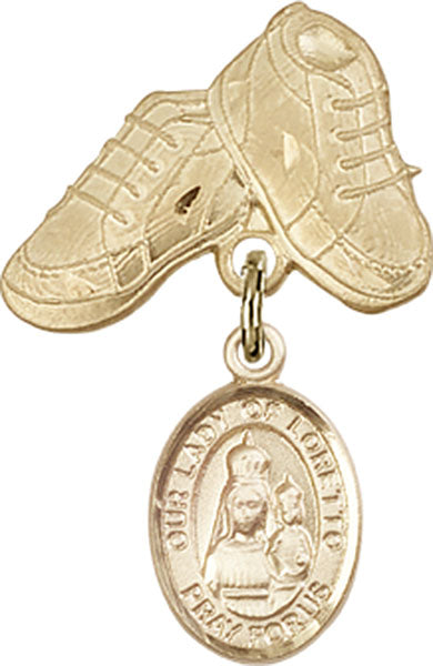14kt Gold Baby Badge with O/L of Loretto Charm and Baby Boots Pin