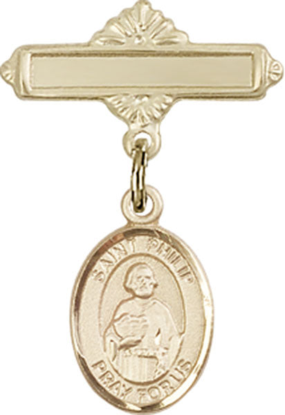 14kt Gold Filled Baby Badge with St. Philip the Apostle Charm and Polished Badge Pin