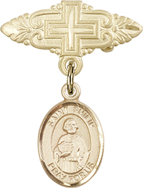 14kt Gold Filled Baby Badge with St. Philip the Apostle Charm and Badge Pin with Cross