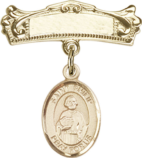 14kt Gold Filled Baby Badge with St. Philip the Apostle Charm and Arched Polished Badge Pin