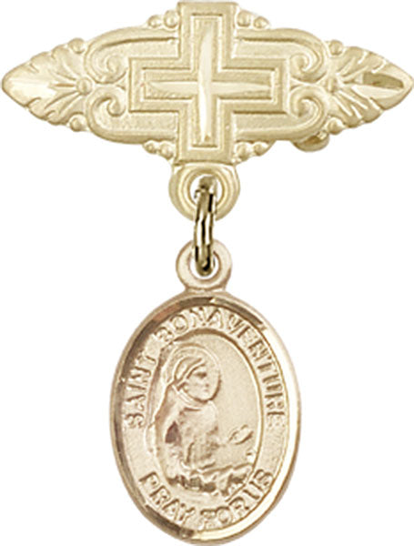 14kt Gold Baby Badge with St. Bonaventure Charm and Badge Pin with Cross