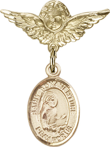 14kt Gold Baby Badge with St. Bonaventure Charm and Angel w/Wings Badge Pin
