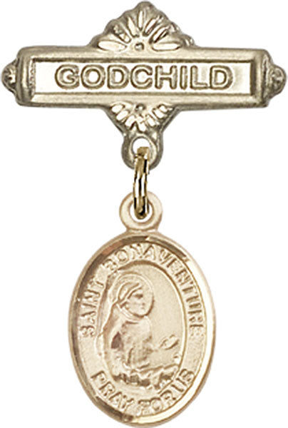 14kt Gold Baby Badge with St. Bonaventure Charm and Godchild Badge Pin