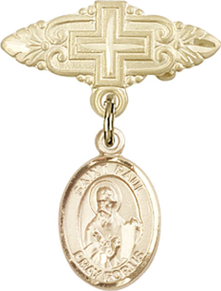 14kt Gold Filled Baby Badge with St. Paul the Apostle Charm and Badge Pin with Cross