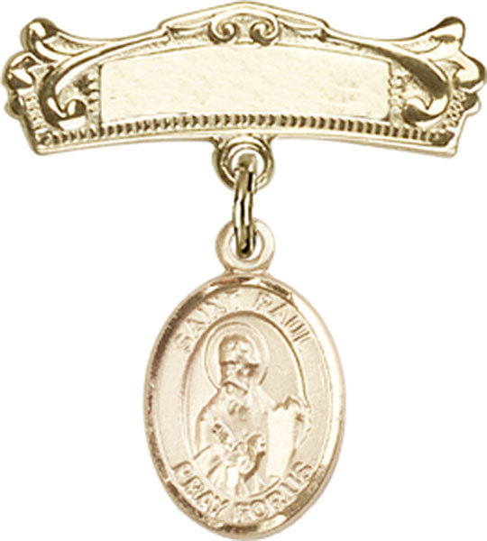 14kt Gold Filled Baby Badge with St. Paul the Apostle Charm and Arched Polished Badge Pin