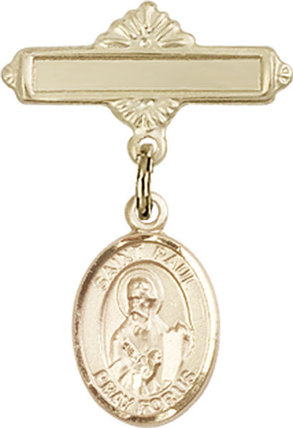 14kt Gold Baby Badge with St. Paul the Apostle Charm and Polished Badge Pin