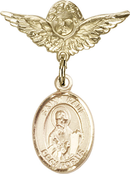 14kt Gold Baby Badge with St. Paul the Apostle Charm and Angel w/Wings Badge Pin