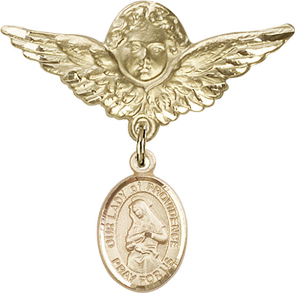 14kt Gold Baby Badge with O/L of Providence Charm and Angel w/Wings Badge Pin